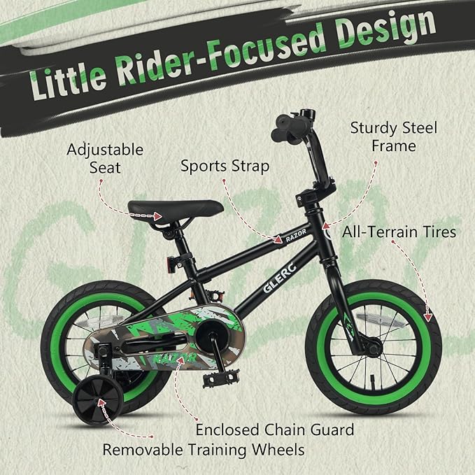 Glerc Kids Bike for Ages 1-8 Years Old, 12-16 Inch BMX Style Kids Bicycle with Training Wheels, Boys Bike for Children and Toddler, Multiple Colors