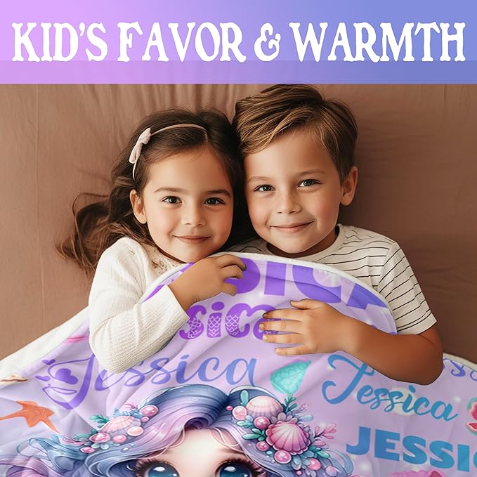 Custom Girl Blanket with Name Personalized Cute Mermaid Blanket for Newborn Customized Soft Flannel Throw Blanket Memorial Gift for Toddler on Birthday Baby Shower Christmas