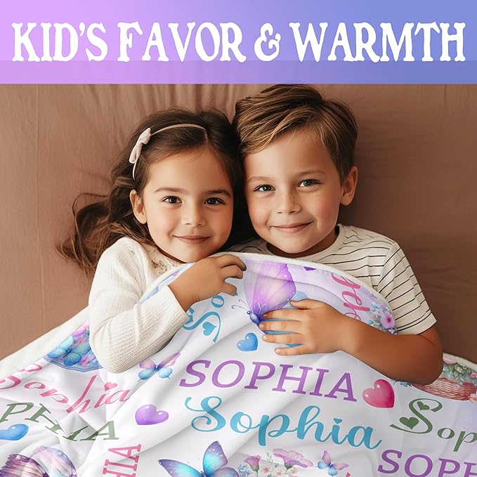 Custom Baby Girl Blanket with Name Personalized Butterfly Blanket Customized Soft Throw Blanket for Newborn Toddler Teens Baby Shower Birthday