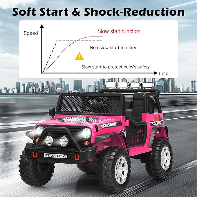 Costzon 2-Seater Ride on Truck, 12V Battery Powered Electric Vehicle w/Remote Control, 2 Speeds, Spring Suspension, LED Light, Horn, Music/ MP3, 2 Doors Open, Ride on Car for Kids (Pink)