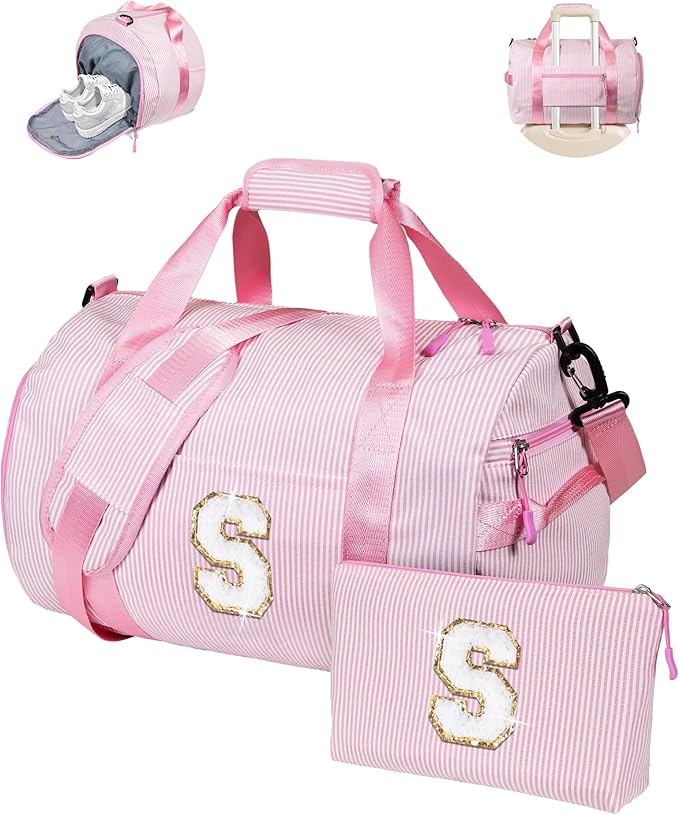 Birthday Gifts, Girls Travel Duffle Bag, Kids Initial Overnight Bags with Shoe Compartment, Personalized Weekender Bag with Makeup Pouch, Gift for 7 8 9 10 11 12 Years Old Girl (Letter S)