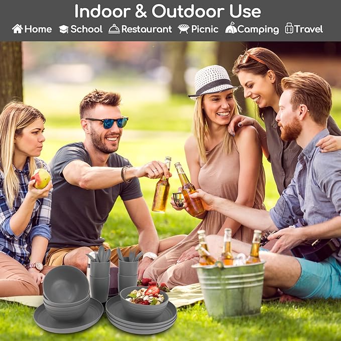 Shopwithgreen Wheat Straw Dinnerware Sets for 8, 40 PCS Unbreakable Plates and Bowls Sets, Reusable Dinner Dishes Set, Bowls, Cups,Plates for Camping, Kitchen, RV, Dorm,Dishwasher Microwave Safe