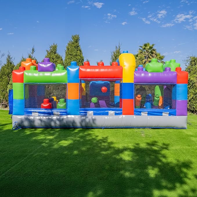 Herokiddo Block Party 20’ Inflatable Obstacle Course Commercial Grade PVC, Fun Backyard Challenge for Kids and Adults, with Air Blower Included