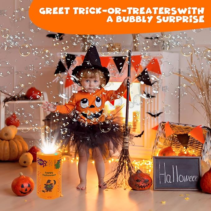 Halloween Bubble Machine, Automatic Fireworks Bubble Blower with Spooky Sound & Dazzling Lights, Portable Bubble Maker Toys with DIY Stickers for Kids Halloween Party Fun (Halloween)