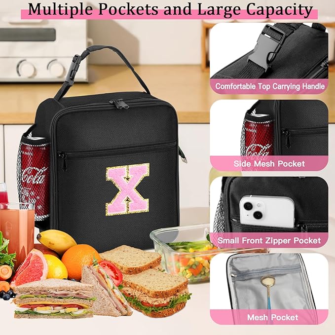 Initial Insulated Lunch Bag, Lunch Box with Initial Letter Patch for Teen Adult, Reusable Lunch Bag for Men Women, Ideal Back to School Gift Birthday Gift, Pink X