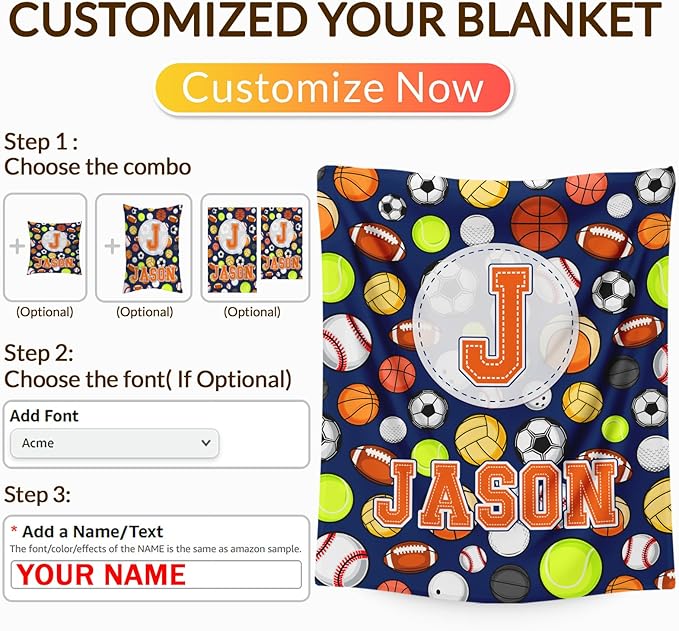 Gift for Boys, Personalized Sport Throw Blanket with Initial for Kids Toddler Teens Sports Lovers, Custom Soft Fuzzy Blankets for Bed Couch Sofa Decor(4 Sizes Optional)