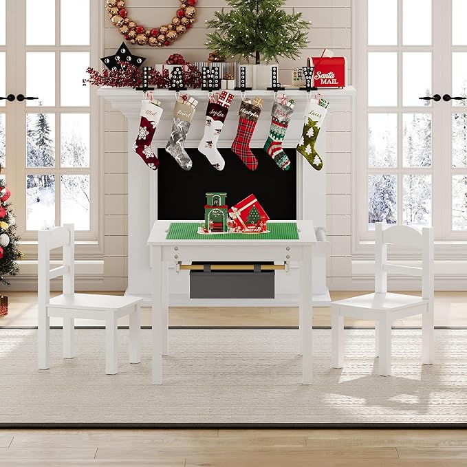 Treocho Wooden Kids Table and Chair Set with Reversible Tabletop, 2 in 1 Toddler Desk with Storage Drawers, Kids Activity Table with Blocks Building Baseplate for Playing, Reading, Drawing, White