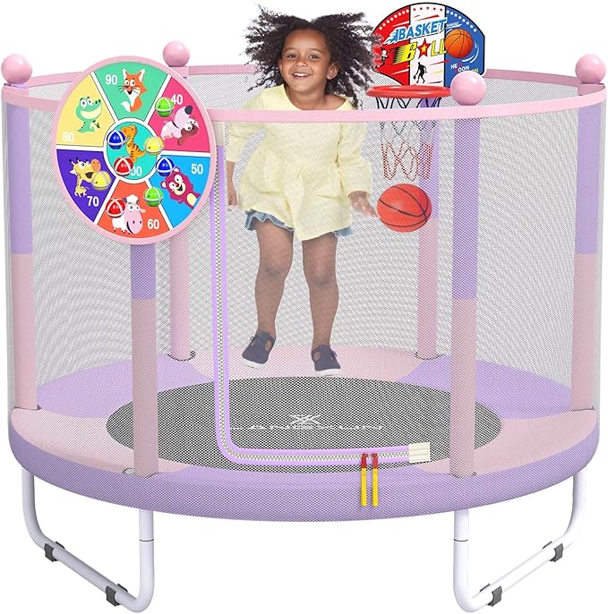 LANGXUN 60" Trampoline for Kids, 5ft Toddler Mini 6-in-1 Trampoline Indoor Outdoor with Swing, Basketball Hoop, Dart Board, Gymnastics Bar, Rings, Christmas Toys Birthday Gifts for Girls Boys Age 3-8