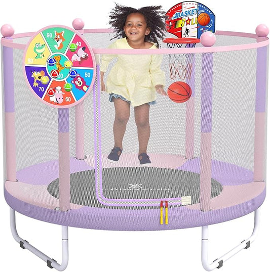 LANGXUN 60" Trampoline for Kids, 5ft Toddler Mini 6-in-1 Trampoline Indoor Outdoor with Swing, Basketball Hoop, Dart Board, Gymnastics Bar, Rings, Christmas Toys Birthday Gifts for Girls Boys Age 3-8