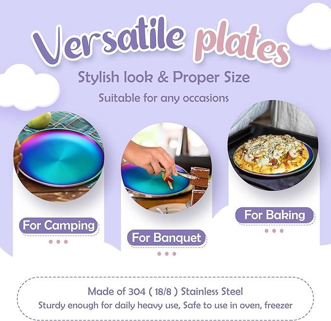 HaWare 4-Piece 18/8 Stainless Steel Plates, Metal 304 Dinner Dishes for Kids Toddlers Children, 8 Inch Colorful Feeding Serving Camping Plates, Reusable Dinnerware, Non-toxic, Dishwasher Safe, Rainbow
