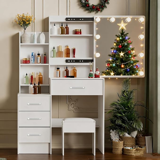 Makeup Vanity Desk with Sliding Mirror and Lights, Small White Vanity Desk with 3-Color Light Adjustable Brightness, 4 Drawers & Open Shelves, Vanity Desk for Bedroom, Girls & Women