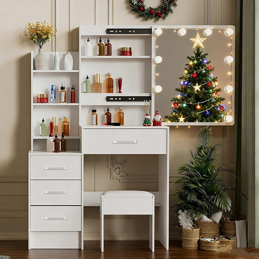 Makeup Vanity Desk with Sliding Mirror and Lights, Small White Vanity Desk with 3-Color Light Adjustable Brightness, 4 Drawers & Open Shelves, Vanity Desk for Bedroom, Girls & Women