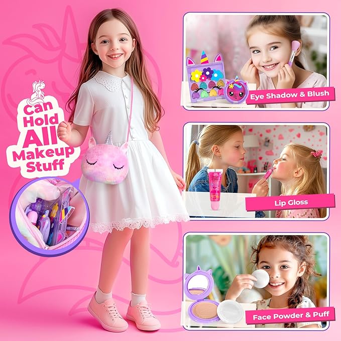 ULOVEME Kids Real Makeup Kit for Girls with Fluffy Purse - Real, Non Toxic, Washable Make Up Toy - Umicorn Toys Gift for 3 4 5 6 7 8 Years Old Girls Birthday