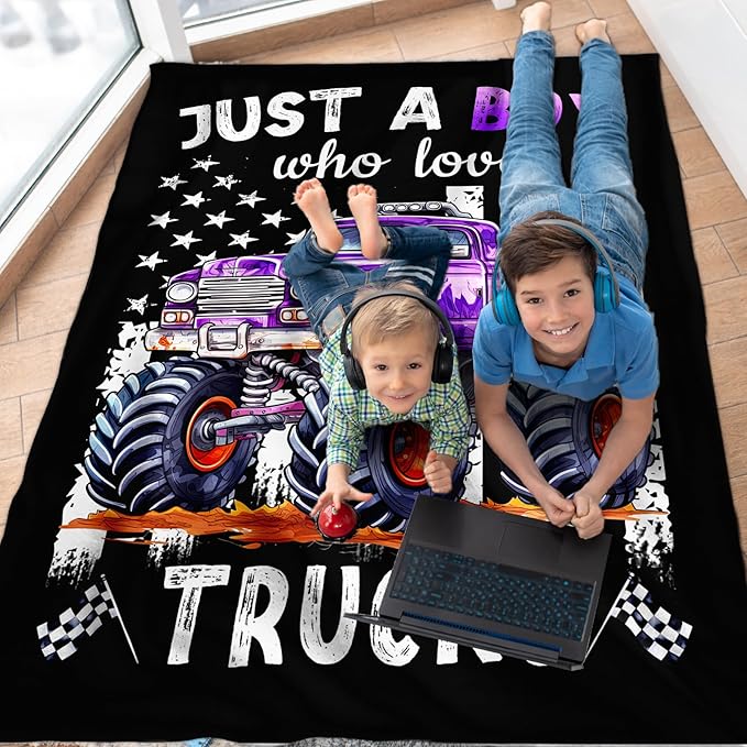 Boys Blanket for Kids Truck Lovers - 30x40 Inches Cute Truck Throw Blanket Gifts - Black Soft Fuzzy Car Blankets for Lap Couch Bed Travel