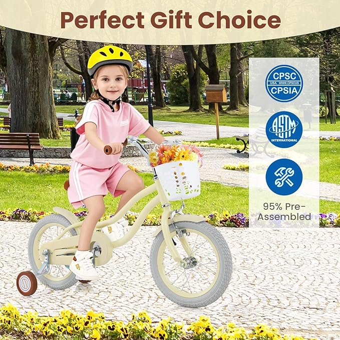COSTWAY Kids Bike, 12 14 16 18 Inch Toddler Bike Children Bicycle w/Training Wheels, Hand & Coaster Brakes, Adjustable Saddle & Handlebar, Basket, Bell, Kids Bicycle for Girls Boys Aged 3-8 Years Old