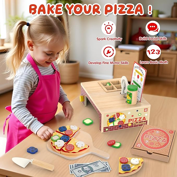 Wooden Pizza Toy - Montessori Pretend Play Food for Ages 3+, Educational Learning Toy Wooden Playset with Bake Oven, Christmas Birthday Gift for 3 4 5 6 Year Old