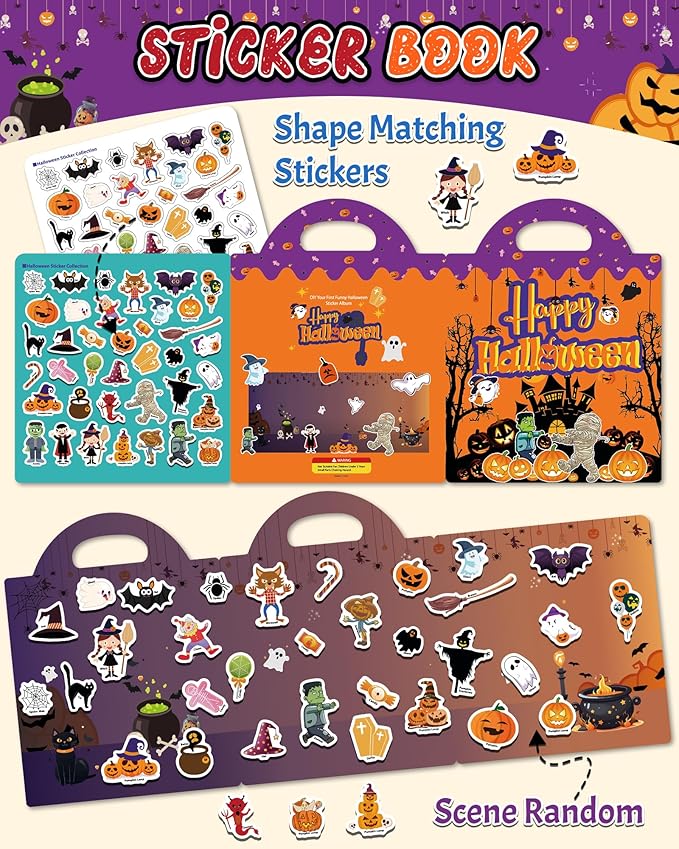 Benresive Reusable Sticker Book for Toddlers 2-4 Years, Fun Travel Stickers for Kids, Waterproof Sticker Books for Toddlers 1-3, Crafts Activities for Toddler 1-3 2-4 3-5 - Halloween