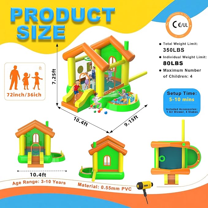 Inflatable Bounce House for Kids, 10FT Big Bounce House with Blower - Playground Backyard Slide Indoor Outdoor Wet Dry Water Park Bouncer with Blower/Ocean Ball/Target Games/Splash Pool/Basketball