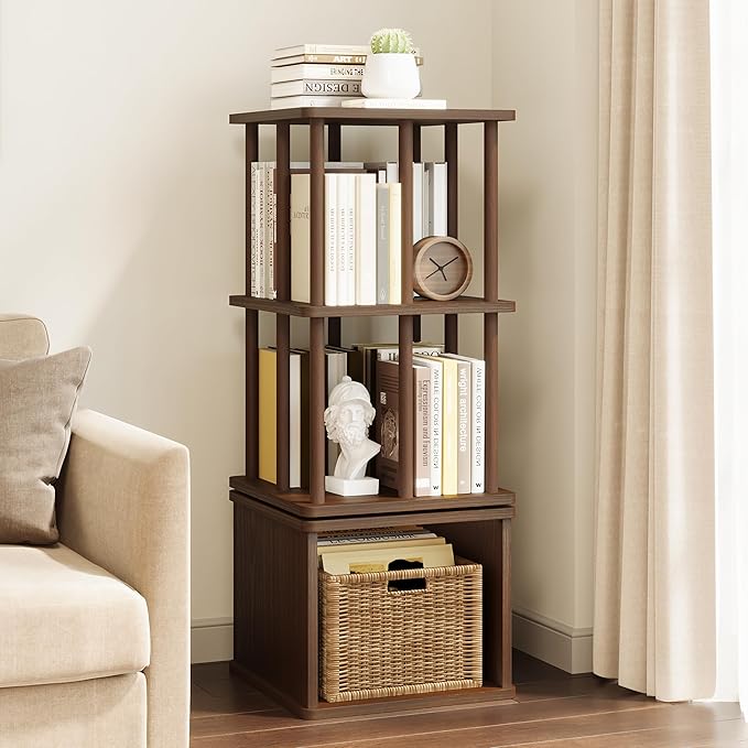 IOTXY 3-Tier Rotating Bookshelf Tower - Beech Wood Frame Spinning Bookcase with Storage Base, Compact Freestanding Revolving Shelf Organizer, Walnut