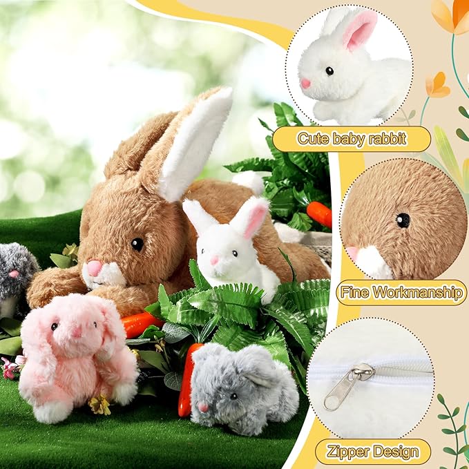 Syhood 5-Piece Bunny Stuffed Animal Set: Mommy Bunny Plush Doll with 4 Babies - Cute Fluffy Plush Rabbits for Huggable Sleeping, Holiday, Birthday Gifts