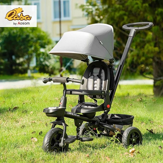 Qaba Kids Tricycle, 4 in 1 Foldable Trike with Reversible Seat, Adjustable Parent Handle, Safety Harness, Wheel Brakes, Removable Canopy, Storage, Tricycle for Toddlers 1-5 Years, Gray