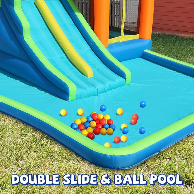 Action Air Water Slide, 7-in-1 Inflatable Bounce House with Large Pool, Extra Bouncing Area with Basketball Hoop, Large Bouncy Area 64x62 inch, Double Slide with Water Spray for More Fun