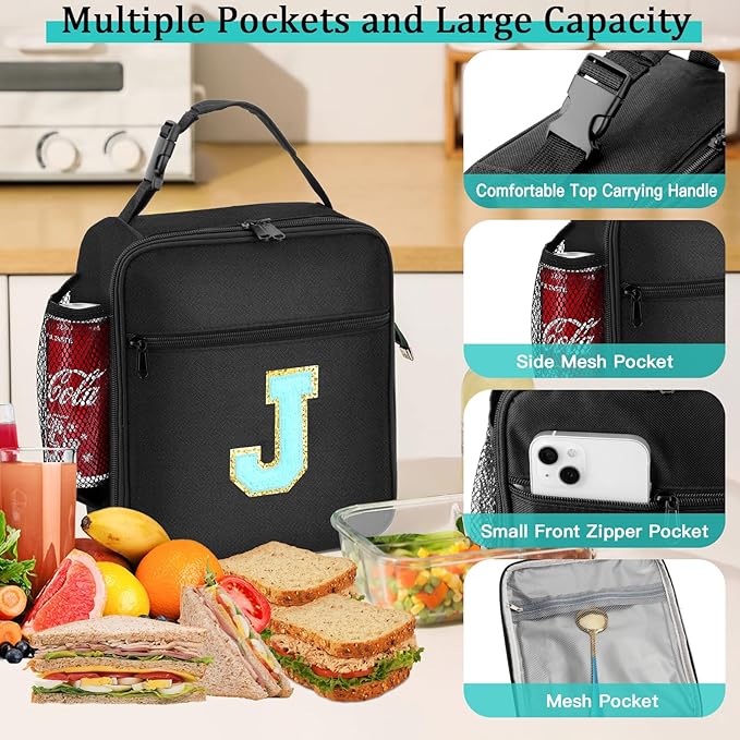 Initial Insulated Lunch Bag, Lunch Box with Initial Letter Patch for Teen Adult, Reusable Lunch Bag for Men Women, Ideal Back to School Gift Birthday Gift, Blue J