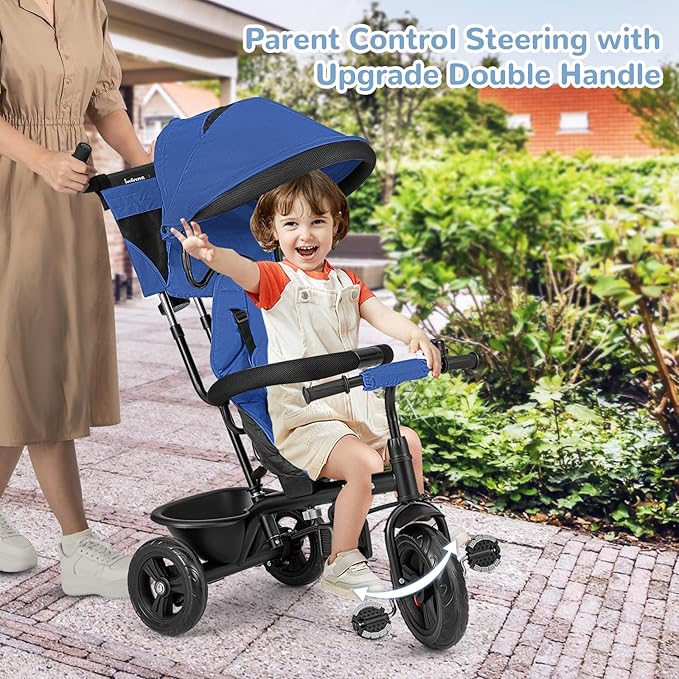 INFANS Kids Tricycle, 6 in 1 Baby Trike Toddler Bike with Reversible Seat, Adjustable Push Handle, Control Direction, Removable Canopy, Safety Harness, Belt, Storage, 9-60 Months (Blue)