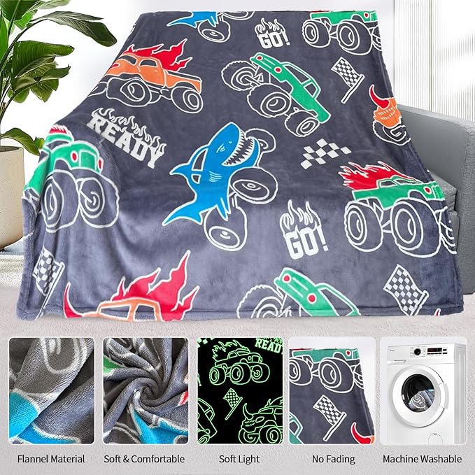 Truck Blanket for Boys, Glow in The Dark Blanket for Kids/Toddler/Baby, Soft Fleece Blankets and Throw, Birthday 40"x 50"