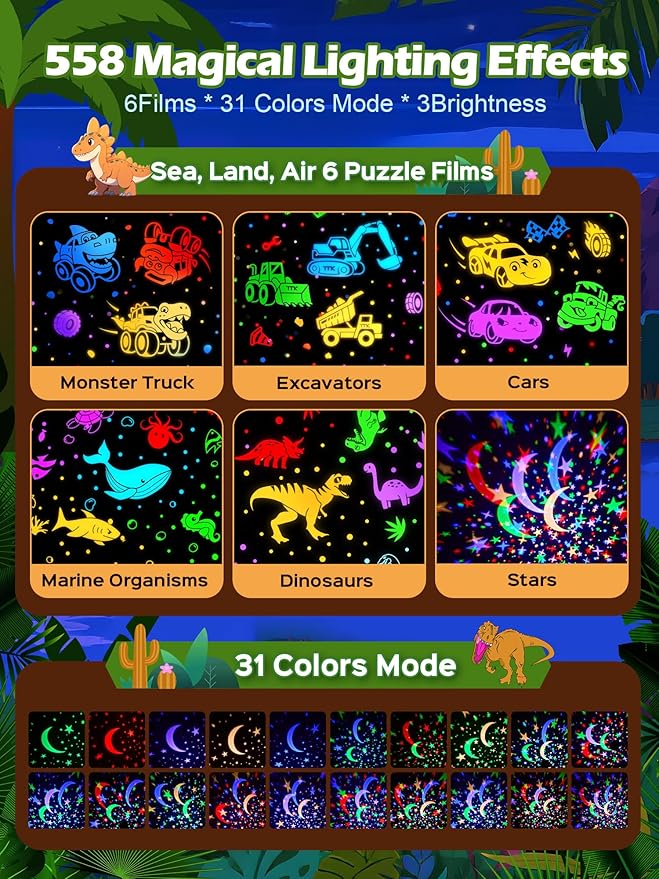 Pikoy Construction Excavator Toys【15 Sounds & 6 Films】Truck Toys for Ages 5-7[31 Colors & Remote Control] Dinosaur Egg Light for Nursery Toddler Boys Birthday Gifts,Kids Christmas Gifts 1-8 Years Old