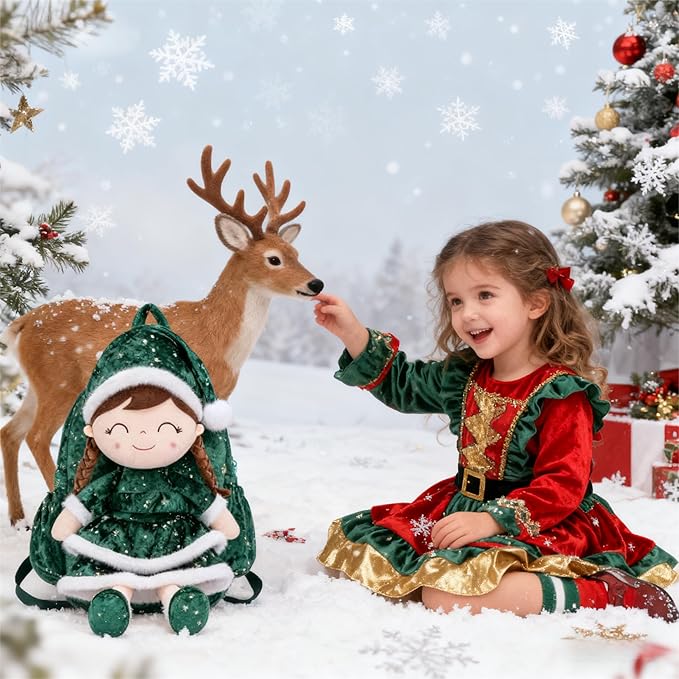 Gloveleya Plush Backpacks Toddler Backpack Removable Doll and Backpack Baby Girl Gifts for 2 to 8 Years Girl Birthday Gifts with Green Doll