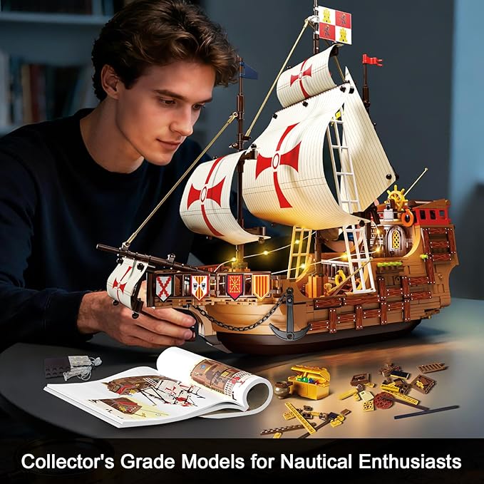 HiWEEGO Santa Maria Ship Building Set with LED Lights, 2 in 1 Pirate Ship House Wharf Building Block Kit, 1253 PCS Adventure Merchant Ship Model Building Toy Gift for Adults Teens Boys Girls Ages 12+