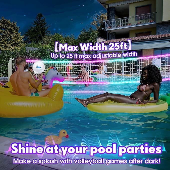 2-in-1 LED Pool Volleyball & Basketball Game Set, Light Up Pool Sport Combo Set with 14in LED Rim/4 Glow Balls/2 Base/Pump, Inground Swimming Pool Toy Game for Adults & Family