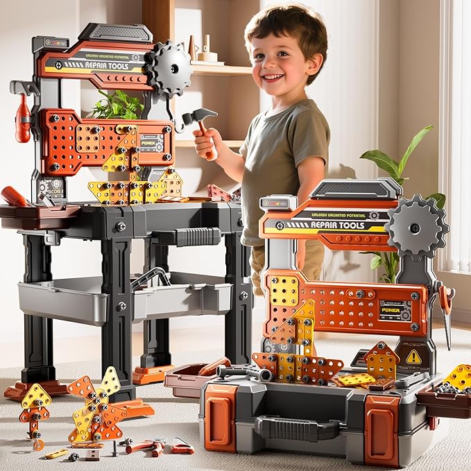 2 in 1 Workbench Tools Toys Set with Sound for Toddlers Aged 3-5, 145 PCS Educational Construction Mechanic Toolbox for Boys Girls, Pretend Play Toys Birthday Gift for Kids 3 4 5 6 Years Old