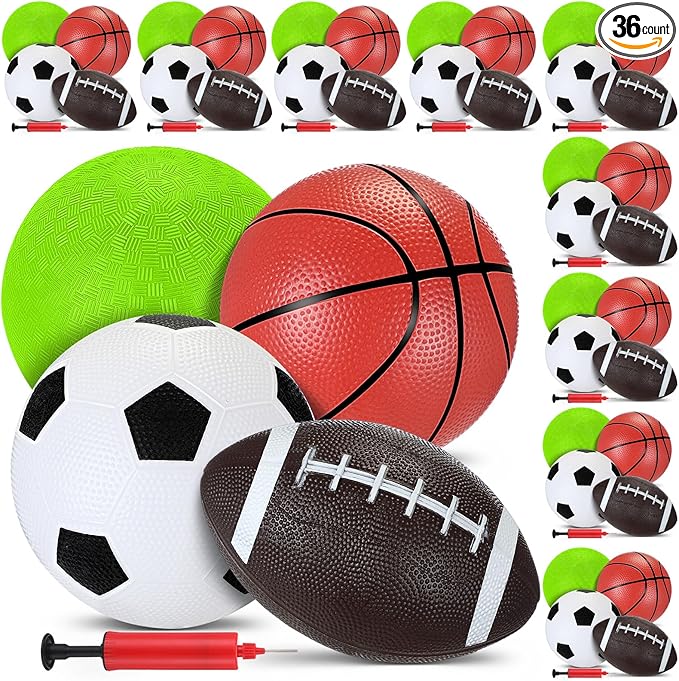 Sports Balls with Pump for Kids 5" Basketball, 5" Soccer, 5" Playground Ball, 6.3" Football for Indoor Outdoor Play Games Gifts