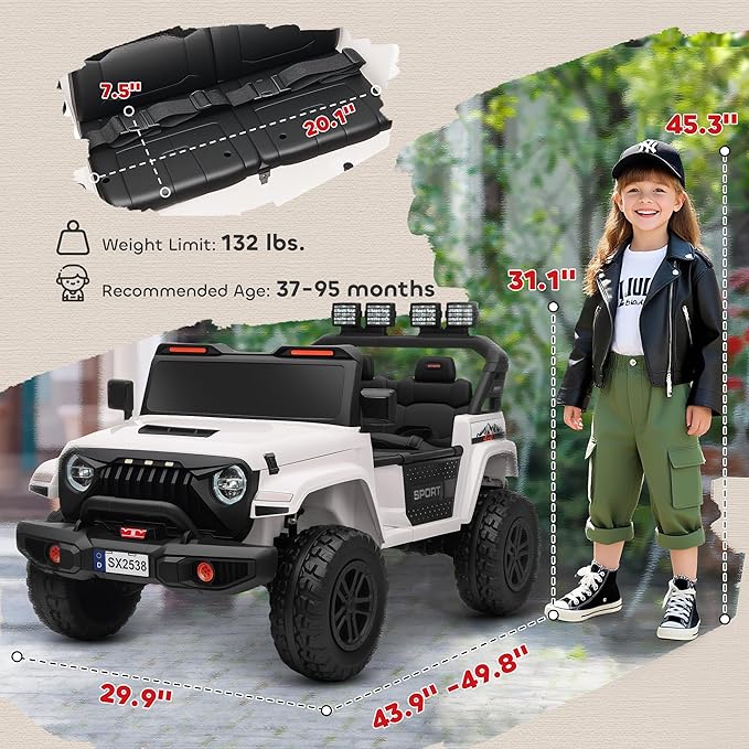 Qaba 24V 2-Seater Kids Ride on Truck Car, 44-50" L Adjustable 4WD Electric Car, 5 MPH Max Speed, Remote Control, Spring Suspension, Storage and LED Lights for Kids Ages 37-95 Months, White