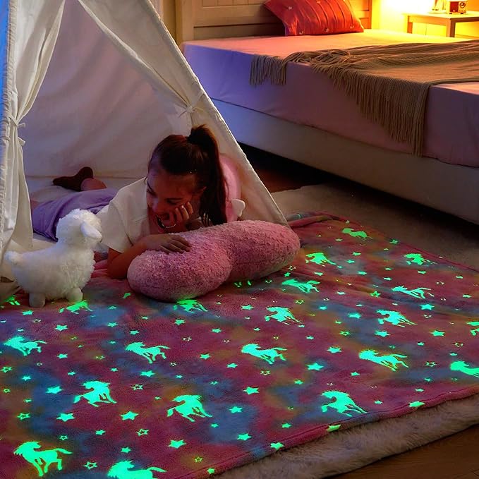 Wajade Unicorn Gifts for Girls - Glow in The Dark Unicorn Blanket Birthday Easter Decor for Kids Age 3 4 5 6 7 8 9 10 11 12 Years Old Teens Child Toddler Throw Pink 60"x80"