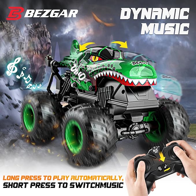 BEZGAR Monster Truck Toys - Remote Control Monster Truck with Light & Music, Dinosaur Toys for Kids, 1:20 Scale RC Truck with 360° Spins and Drifting, Remote Control Car for Boys 4-7