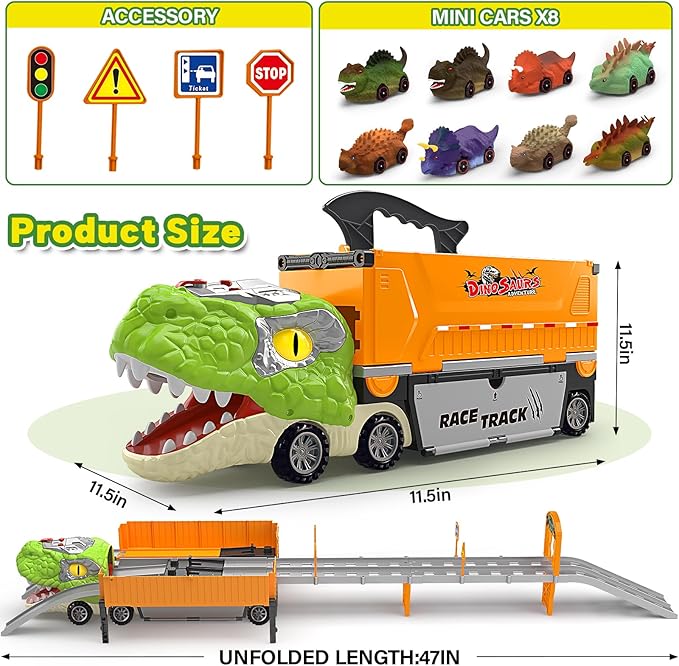 Dinosaur Carrier Truck Race Track Toys for Kids 3-5, Large Toy Cars Track Set with 8 Small Dinosaur Cars, T-Rex Transport Carrier, Christmas Birthday Gifts for 3 4 5 6 7 Year Old Toddler Boys Girls