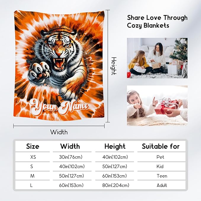 UNIKITTY Personalized Kids Blanket, Tiger Blanket Gifts for Girls Boys, Custom Gifts with Name, Fleece Throws with Tie Dye Print for Room Decor (4 Sizes)