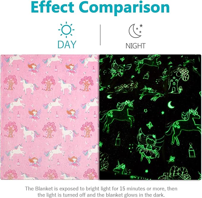 QSTEHEML Unicorns Glow in The Dark Blanket for Girls,Unicorns Gifts for Girls Age 3 4 5 6 7 8 9 10 11 12 Year Old, Soft Throw Blanket for Kids Girls- Christmas Birthday Bedroom Decor 50"×60"