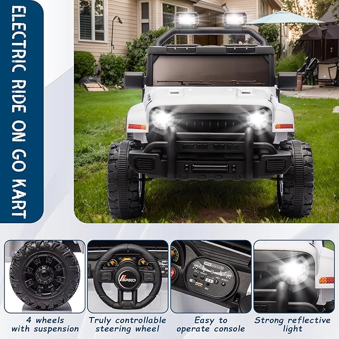 Ride on Truck Car, 12V Kids' Electric Vehicles W/Parents Control, Ride on Toys for Toddlers with Music, Bluetooth, Four-Wheels Suspension, USB, Headlights, White