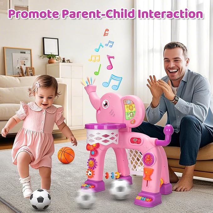 Toddler Basketball Hoop & Soccer Goal Sports Toys for 1 2 3 Years Old Girls Boys, Montessori Toys, Interactive Musical Toy with Lights, Christmas Birthday Gifts for Baby Kids Age 12-18 Months(Pink