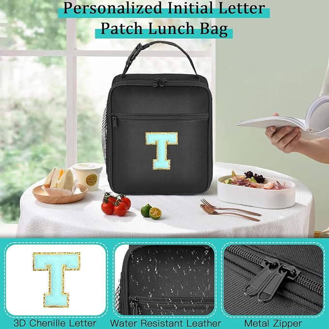 Initial Insulated Lunch Bag, Lunch Box with Initial Letter Patch for Teen Adult, Reusable Lunch Bag for Men Women, Ideal Back to School Gift Birthday Gift, Blue T