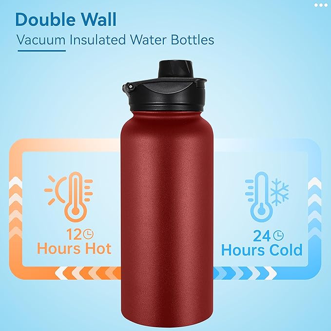 VEGOND 32 oz Insulated Water Bottle Bulk Stainless Steel Metal Water Bottles with Leak Proof Straw Lid & Spout Lid, Wide Mouth Double Walled Vacuum Travel Sports Bottle, Red 8 Pack
