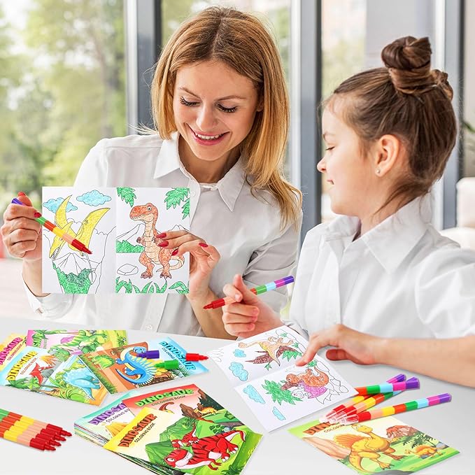 BenLouis 12 Dinosaur Mini Coloring Books Kids with 12 Stacking Crayons Dino Party Favors Small Activity Books Bulk for Kids Jurassic Party Gift Goodie Bag Stuffers