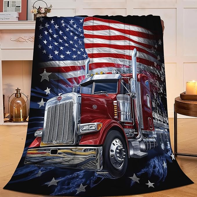Truck Blanket Gifts for Men, American Flag Truck Throw Blanket for Boys, Soft Cozy Stuff Fleece Blankets Gifts for Train Lovers Couch Sofa Bed 60" x 50"