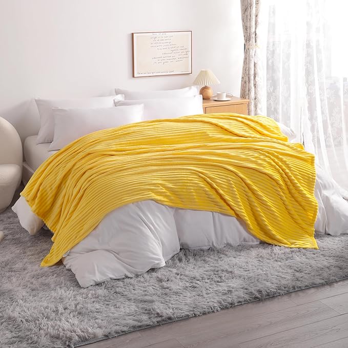 NTBAY Plush Flannel Twin Bed Blanket, 60x80 Inches Soft and Warm Lightweight Bed Blanket with Striped Texture for Couch, Sofa, All Seasons, Yellow
