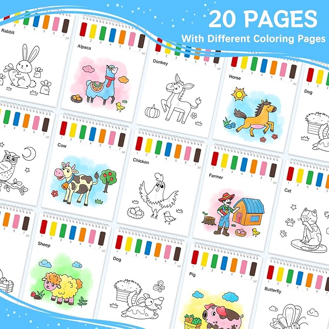 Paint with Water Coloring Books for Toddlers,Mess Free Watercolor Painting Papers for Kids Water Color Paint Kit Art Craft Birthday Gift for Ages 1-3, 4-8(Farm)