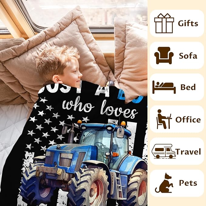 Personalized Tractor Blanket for Boys, Cute Farm Trucks Throw Blanket Gifts for Kids Teens Truck Lovers, 40x50 Inches Custom Name Black Soft Flannel Car Blankets for Couch